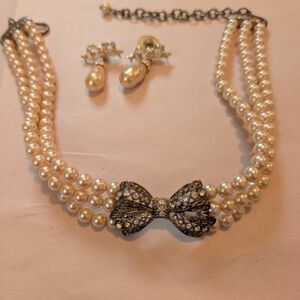 Vintage Pearl and Silver Bow Necklace Set